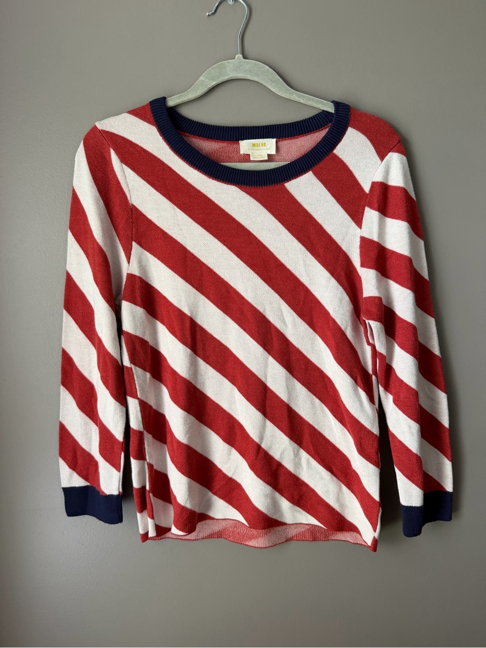 Maeve Anthropologie Red and White Diagonal Stripe Sweater with Navy Trim size M